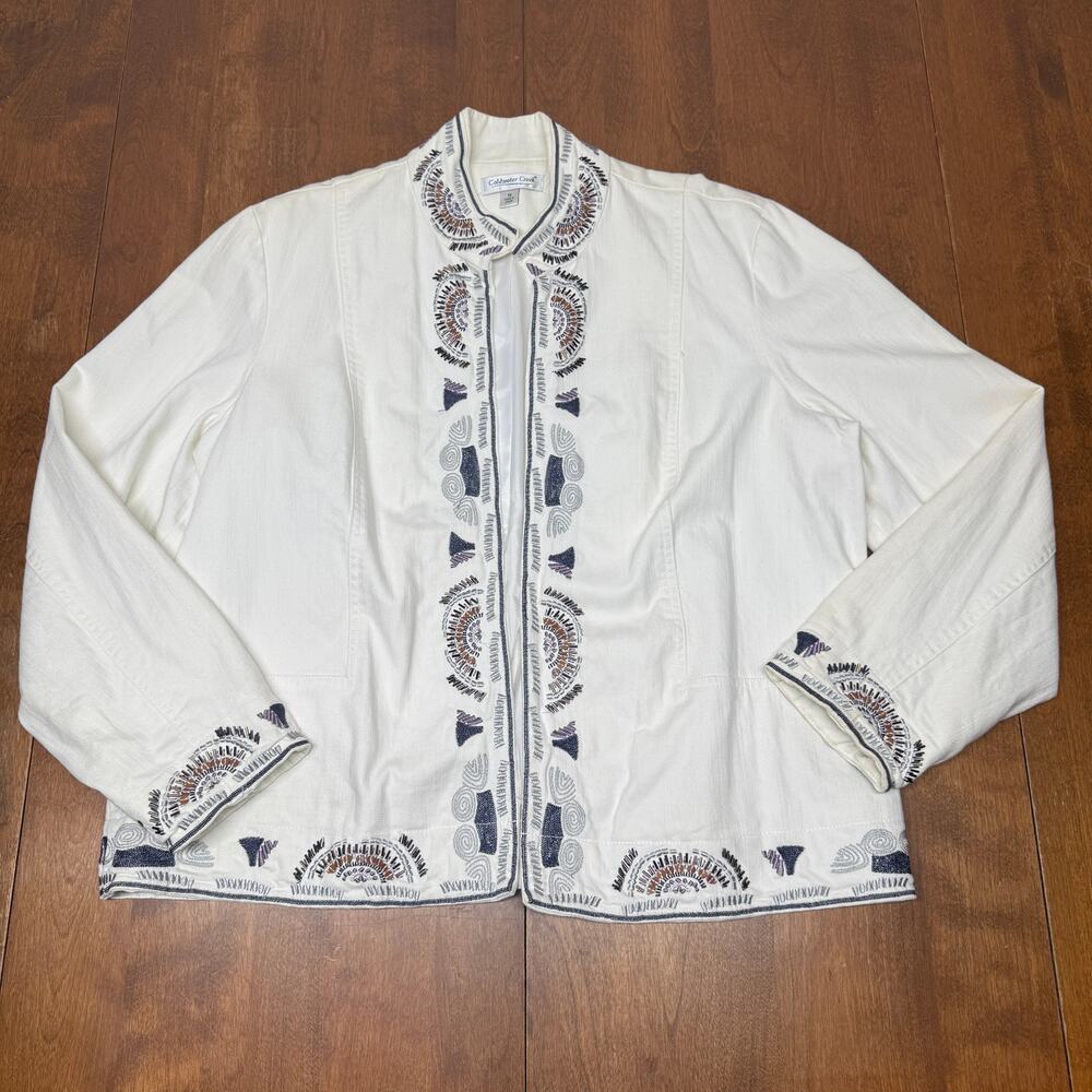 Coldwater Creek 1X Ivory Embroidered Beaded Cotton Jacket Geometric Plus